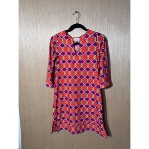 Jude Connally Womens XS Geometric Pink Purple 3/4 Sleeve V-Neck Shift Dress USA